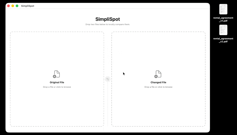 SimpliSpot showing side-by-side diff of two files on macOS